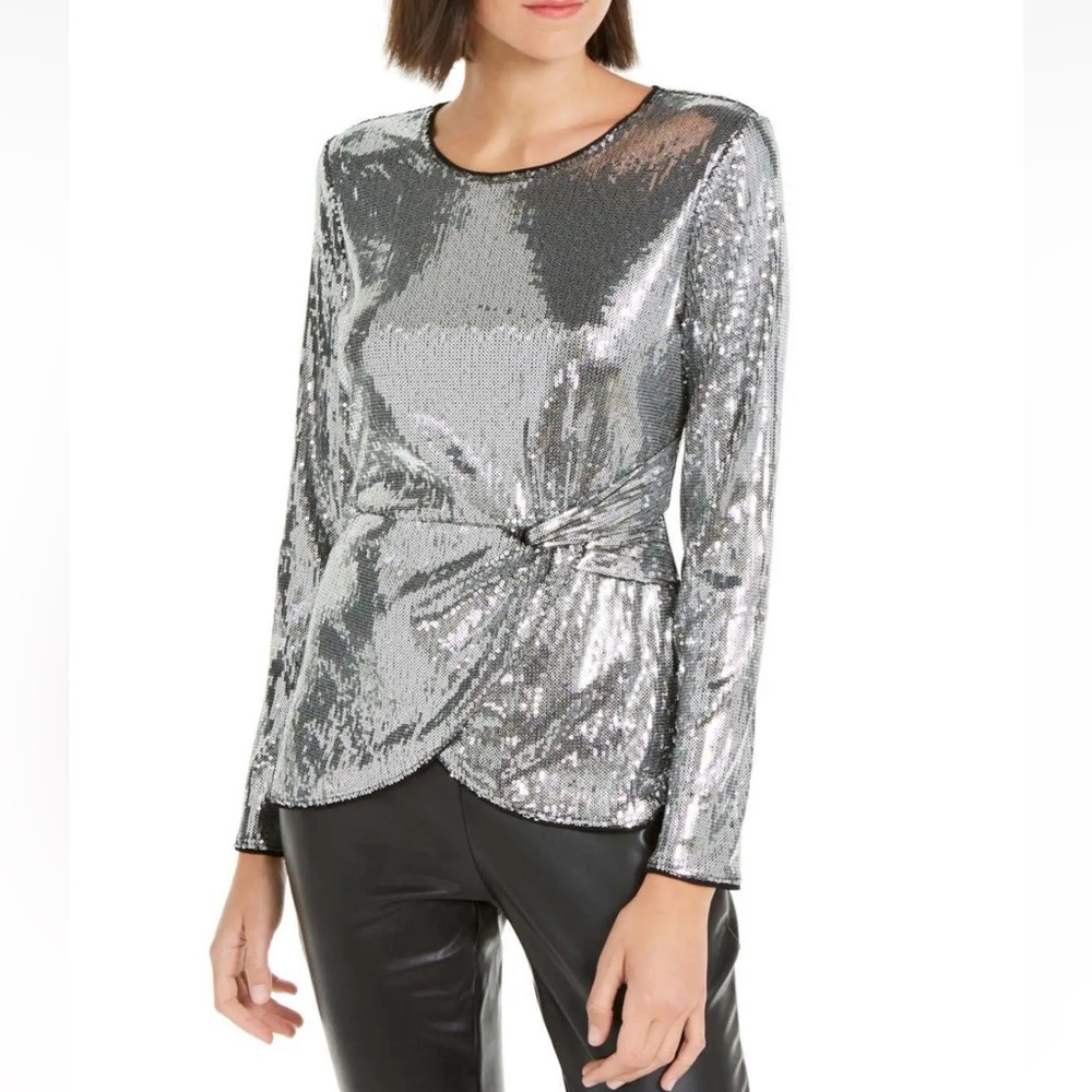 INC Women's Shinny Silver Sequined Knot Front Blouse Size Small New Tag- Reemoly